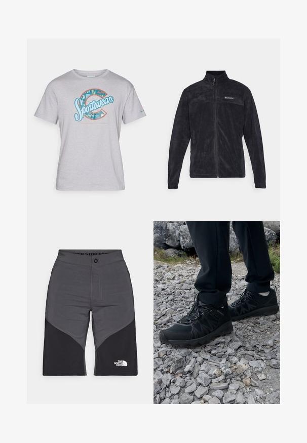 Black fleece jacket with a zip closure, high collar, and a partial logo on the chest. Smooth texture and long sleeves.; Light gray cotton T-shirt featuring a multicolored "Sportswear" graphic with geometric patterns and accent colors in blue and orange.; Gray and black shorts with a panel design, front button closure, and The North Face logo. Made of a lightweight, durable fabric.; Black outdoor shoes with mesh and synthetic material, featuring a textured upper, secured lacing system, and a rugged outsole, on rocky terrain.