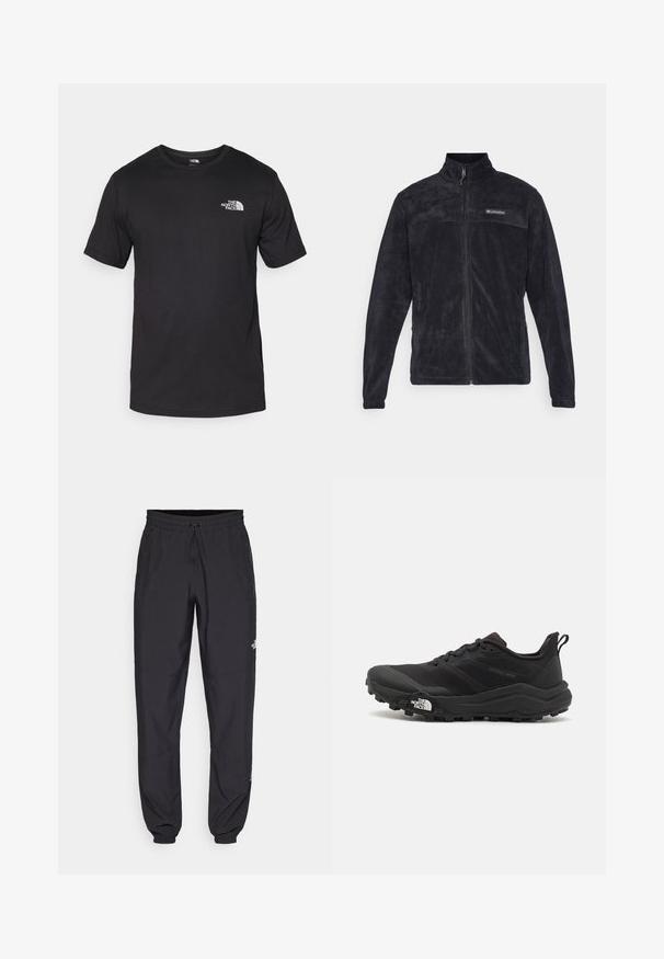Black fleece jacket with a zip closure, high collar, and a partial logo on the chest. Smooth texture and long sleeves.; Black short-sleeve t-shirt made of cotton, featuring a round neckline and a small white logo on the upper left chest area.; Black athletic pants made from lightweight fabric, featuring a drawstring waistband, side pockets, and tapered cuffs at the ankles.; Black trail running shoe with a textured upper, rubber sole, and reinforced toe cap. Features a padded collar and pull tab for easy wear.