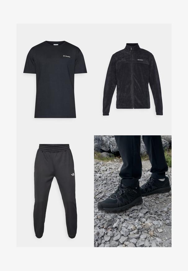 Svart fleecejakke med glidelås, høy krage og delvis logo på brystet. Glatt tekstur og lange ermer.; Columbia NORTH CASCADES™ SHORT SLEEVE TEE - T-shirts med print - black; Sorte joggebukser med snor i livet, tettsittende passform, elastiske mansjetter og en liten hvit logo på venstre lår, laget av glatt materiale.; Sorte utendørssko i svart med mesh og syntetisk materiale, med en teksturert overdel, sikret snøresystem og en robust såle, på steinete terreng.