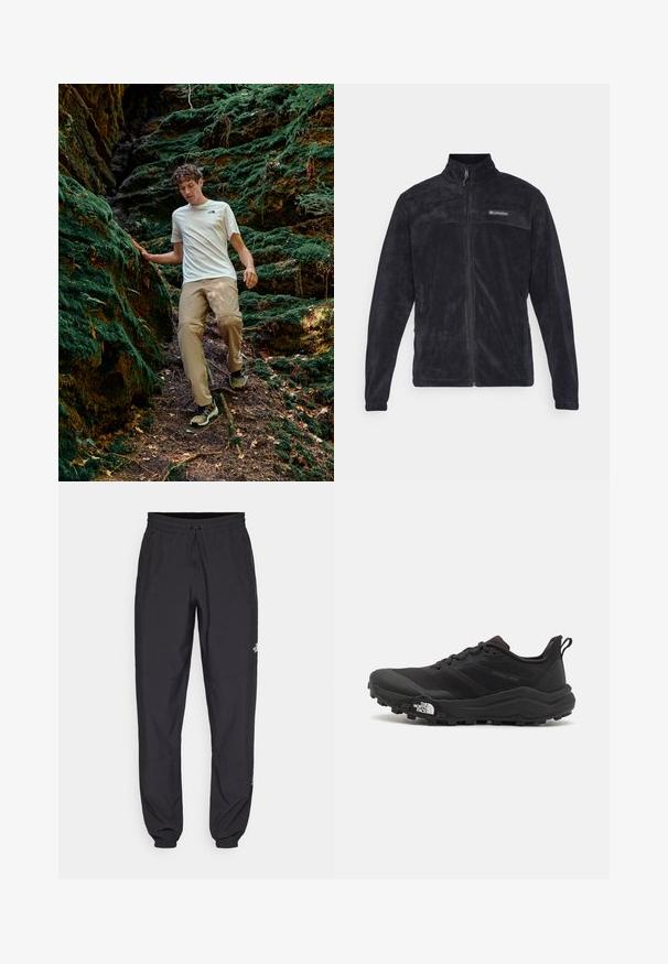 Chaqueta de forro polar negra con cierre de cremallera, cuello alto y un logotipo parcial en el pecho. Textura suave y mangas largas.; Conjunto informal que incluye una camiseta blanca de manga corta con un logo, pantalones beige y botas de senderismo oscuras. Rodeado de un terreno verde y musgoso.; Pantalones deportivos negros hechos de un tejido ligero, con una cinturilla ajustable, bolsillos laterales y puños ajustados en los tobillos.; Zapatilla de trail running negra con upper texturizado, suela de goma y puntera reforzada. Presenta un collar acolchado y una lengüeta para poner y quitar fácilmente.