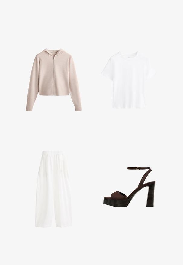 Hanorac scurt de culoare bej deschis, cu fermoar frontal, mâneci lungi, textură moale și glugă. Design simplu, fără modele sau accente vizibile.; Tricou alb din bumbac, cu mâneci scurte, decolteu rotund, croială lejeră, textură netedă, fără modele sau accente, design simplu, stil versatil.; Pantaloni albi, cu talie înaltă, cu picioare largi, cu un brâu elastic și dintr-o țesătură moale, texturată. Designul include pliuuri pentru un plus de volum.; Sandal cu toc înalt din suede maro, cu vârf deschis, curea ajustabilă la gleznă și talpă cu dungi.