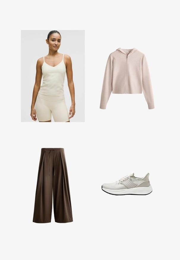 Vaaleanbeige lyhyt huppari, jossa on etuvetoketju, pitkät hihat, pehmeä rakenne ja huppu. Yksinkertainen muotoilu ilman näkyviä kuvioita tai yksityiskohtia.; Vaaleanbeige urheilullinen tankkitoppi ohuiden hihnojen, V-päällysteen ja sileän kankaan kanssa. Yhdistetty samanvärisiin, istuviin shortseihin.; Ruskeat leveät housut, jotka on valmistettu teksturoidusta kankaasta. Housuissa on kiristysnauha vyötäröllä ja etupuolella laskokset.; Kevyt urheilukenkä, jossa on beige verkkomateriaali ja teksturoitu pinta. Kenkässä on valkoinen pohja ja samaa sävyä olevat sivuakkentit. Yksinkertainen nauhaketju.