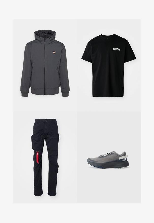 Šedá mikina s kapucí, se zipovým zapínáním vpředu, elastickými manžetami a malým logem na levé části hrudníku. Vyrobena z hladkého, voděodolného materiálu.; Černé bavlněné tričko s krátkými rukávy a kulatým výstřihem. Na prsou má bílé zakřivené logo "DICKIES". Jednoduchý design, bez vzorů.; Černé cargo kalhoty s několika bočními kapsami, poutek na opasek a červenou textilní nášivkou na levé straně. Vyrobené z odolného bavlněného materiálu.; Šedá běžecká bota s texturovaným svrškem, plochými tkaničkami, robustní podrážkou a poutkem na patě s logem. Akcenty v tmavších odstínech šedé.
