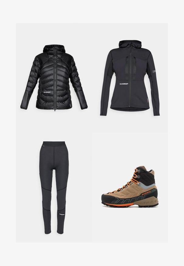 Jachetă pufedictă neagră cu glugă, realizată dintr-un material ușor, având secțiuni matlasate, fermoar în față și logo-ul "MAMMUT" la tiv și umăr.; Jachetă sportivă neagră cu glugă, dotată cu buzunare cu fermoar și un panou texturat pe mâneci. Logo pe față și pe mânecă. Materialul este conceput pentru flexibilitate.; Cămașă neagră fără mâneci, cu un model texturat, având o decupare rotundă la gât și un logo "MAMMUT" pe față. Realizată dintr-un material respirabil.; Leggings atletice negre cu panouri texturate și cusături întărite, având un logo de marcă și un talie largă, elastică.; Cizmă de drumeție înalță, bej și neagră, cu șireturi portocalii, capac din cauciuc pentru vârf, partea superioară texturată și talpă robustă. Dispune de suport pentru gleznă întărit.