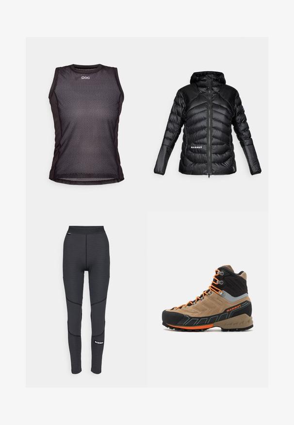 Melnā pūkainā jaka ar kapuci, izgatavota no viegla materiāla ar kvadrātveida šuvēm, priekšējais rāvējslēdzis un "MAMMUT" logo apakšējā malā un plecā.; Melnā sporta jaka ar kapuci, ar iešūtām kabatām un strukturētu paneļu uz piedurknēm. Logo priekšpusē un uz piedurknēm. Materiāls paredzēts elastībai.; Melnās bezpiešu sporta krekls ar acs dizainu, kuram ir noapaļots kakla izgriezums un POC logo. Audums izskatās viegls un elpojošs.; Melni sporta legingi ar teksturētām paneļiem un pastiprinātu šuvju, ar zīmola logotipu un platenu elastīgu jostasvietu.; Bēžs un melns augsts pārgājienu zābaks ar oranžām šņorēm, gumijas purngala aizsargu, teksturētu virsu un izturīgu zoli. Satur pastiprinātu potītes atbalstu.