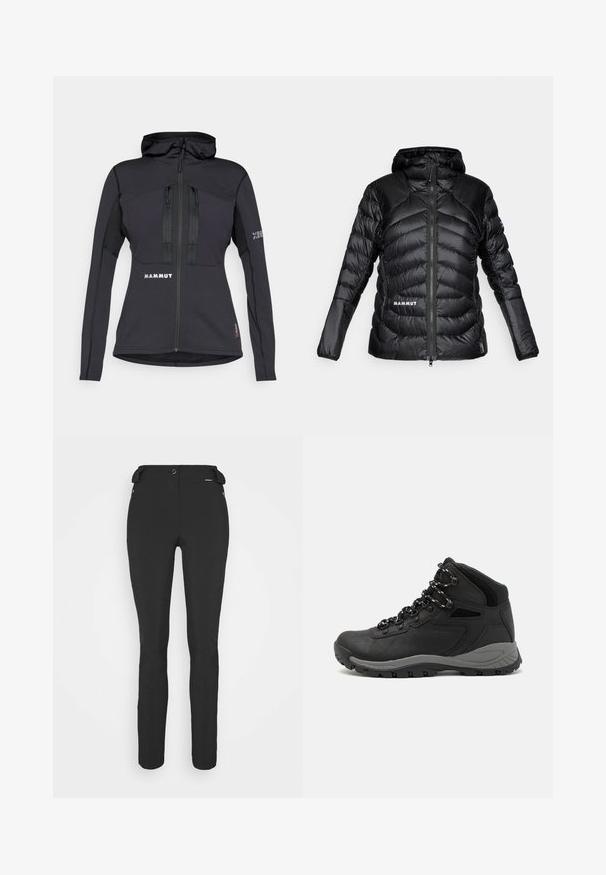 Μαύρο μπουφάν με κουκούλα, κατασκευασμένο από ελαφρύ υλικό με επενδεδυμένα τμήματα, μπροστινό φερμουάρ και λογότυπο "MAMMUT" στο στρίφωμα και στον ώμο.; Μαύρο αθλητικό μπουφάν με κουκούλα, διαθέτει τσέπες με φερμουάρ και υφαντό πάνελ στα μανίκια. Λογότυπο μπροστά και στον ώμο. Υλικό σχεδιασμένο για ευελιξία.; Μαύρη αμάνικη μπλούζα με υφή, που διαθέτει στρογγυλή λαιμόκοψη και λογότυπο "MAMMUT" μπροστά. Φτιαγμένη από αναπνεύσιμο υλικό.; Μαύρο, εφαρμοστό παντελόνι φτιαγμένο από ευέλικτο υλικό. Περιλαμβάνει φερμουάρ σε πλαϊνή τσέπη, αρθρωτούς γόνατους και λεία υφή.; Μαύρο ορειβατικό μποτάκι με μεσαίο ύψος, διαθέτει υφή στην επάνω επιφάνεια, γκρι λεπτομέρειες και ανθεκτική καουτσούκ σόλα με αυλάκια πρόσφυσης.
