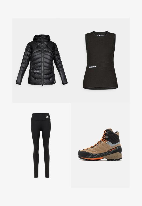 Giacca a vento nera con cappuccio, realizzata in materiale leggero e dotata di sezioni trapuntate, zip frontale e logo "MAMMUT" all'orlo e sulla spalla.; Canottiera nera senza maniche con un motivo texturizzato, caratterizzata da un colletto rotondo e un logo "MAMMUT" sul davanti. Realizzata in materiale traspirante.; Leggings fitness neri con vita alta, realizzati in tessuto elasticizzato, con un piccolo logo bianco in vita. Texture liscia in tutto il capo.; Stivale da trekking alta in beige e nero con lacci arancioni, punta in gomma, tomaia testurizzata e suola robusta. Presenta supporto rinforzato per la caviglia.