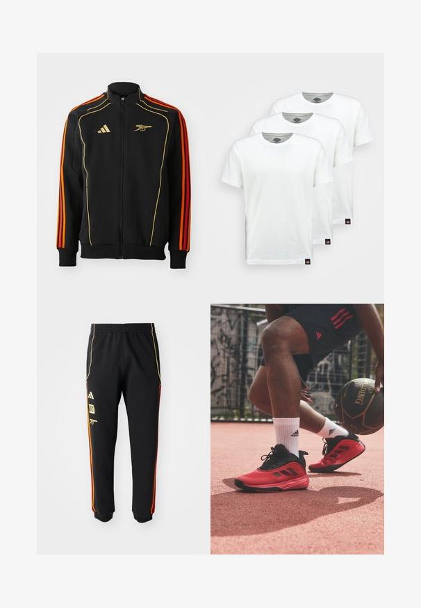 Černá zipová bunda se zlatými a oranžovými akcenty. Má tři oranžové pruhy na rukávech a logo na hrudi. Vyrobena z měkké tkaniny.; Tři jednoduché bílé bavlněné trička s krátkým rukávem. Každé tričko má kulatý výstřih a malou černou štítkovou nášivku na levé straně.; Černé sportovní kalhoty s elastickým pasem, zlatými a červenými bočními pruhy a žlutými logy na levém stehně.; adidas Performance OWN THE GAME 3 - Basketbalové boty - core black/red