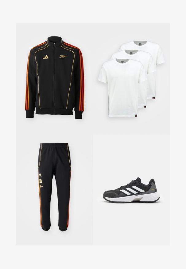 Černá zipová bunda se zlatými a oranžovými akcenty. Má tři oranžové pruhy na rukávech a logo na hrudi. Vyrobena z měkké tkaniny.; Tři jednoduché bílé bavlněné trička s krátkým rukávem. Každé tričko má kulatý výstřih a malou černou štítkovou nášivku na levé straně.; Černé sportovní kalhoty s elastickým pasem, zlatými a červenými bočními pruhy a žlutými logy na levém stehně.; Černá sportovní bota s bílými pruhy, texturovanou síťovinou a syntetickým materiálem, s gumovou podešví a šedým akcentem na patě.