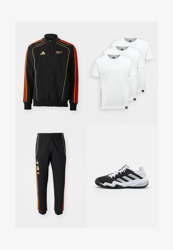 Mustapaitapusa, jossa on kultaisia ja oransseja yksityiskohtia. Ominaisuuksia ovat kolme oranssia raitaa hihoissa ja logo rinnassa. Valmistettu pehmeästä kankaasta.; Kolme valkoista puuvillapaitaa, joissa on lyhyet hihat. Jokaisessa paidassa on pyöreä pääntie ja pieni musta logo-tagga vasemmalla puolella.; Musta urheiluhousut, joissa on joustava vyötärö, kultaiset ja punaiset sivuviivat sekä keltaiset logot vasemmassa reidessä.; Mustat ja valkoiset urheilukengät, joissa on teksturoitu verkkopäällinen, kumipohja ja kolme hopeista korostusraitaa sivulla.