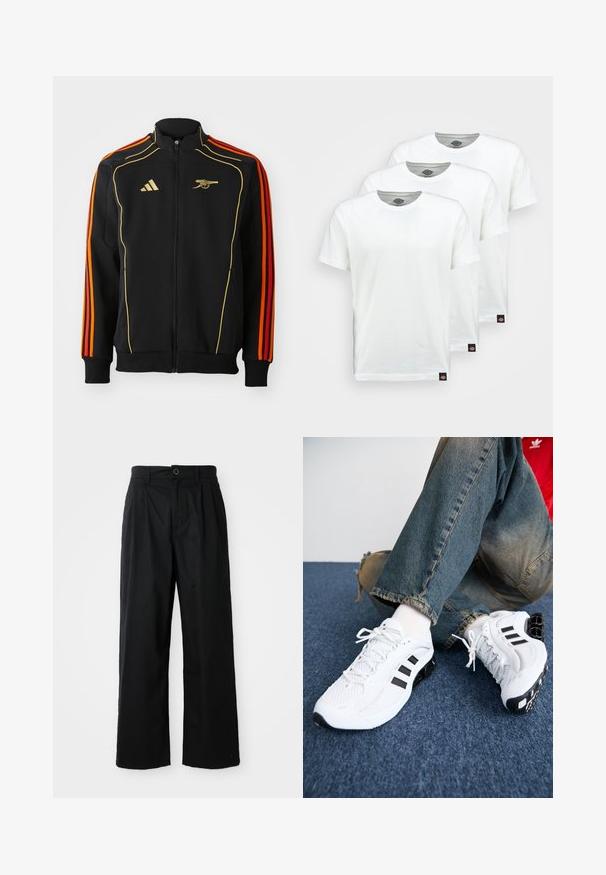 Veste zippée noire avec des accents dorés et oranges. Présente trois rayures oranges sur les manches et un logo sur la poitrine. Fabriquée en tissu doux.; Trois t-shirts en coton blanc uni à manches courtes. Chaque t-shirt présente un col rond et une petite étiquette de logo noire sur le côté gauche.; Pantalons noirs à jambes larges en coton avec une texture lisse, dotés d'une fermeture à bouton à l'avant et de deux poches latérales.; Baskets de sport blanches en maille avec des accents noirs, présentant un design texturé et une semelle distinctive, assorties à un jean en denim bleu.