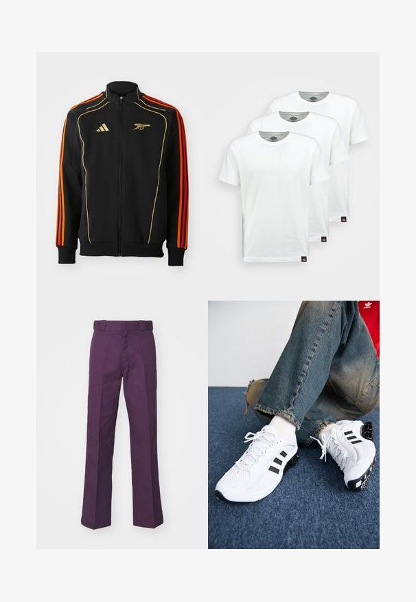 Čierna bunda na zips s zlatými a oranžovými akcentmi. Obsahuje tri oranžové pruhy na rukávoch a logo na hrudi. Vyrobená z mäkkej tkaniny.; Tri obyčajné biele bavlnené tričká s krátkym rukávom. Každé tričko má okrúhly výstrih a malú čiernu nálepku s logom na ľavej strane.; Fialové široké nohavice vyrobené z pevnej bavlnenej tkaniny, s plochým predným dielom, pútkami na opasok a pritavenými záhybmi pre štruktúrovaný vzhľad.; Biele sieťované športové topánky s čiernymi akcentmi, ktoré majú textúrovaný dizajn a charakteristickú podrážku, v kombinácii s modrými džínsami.