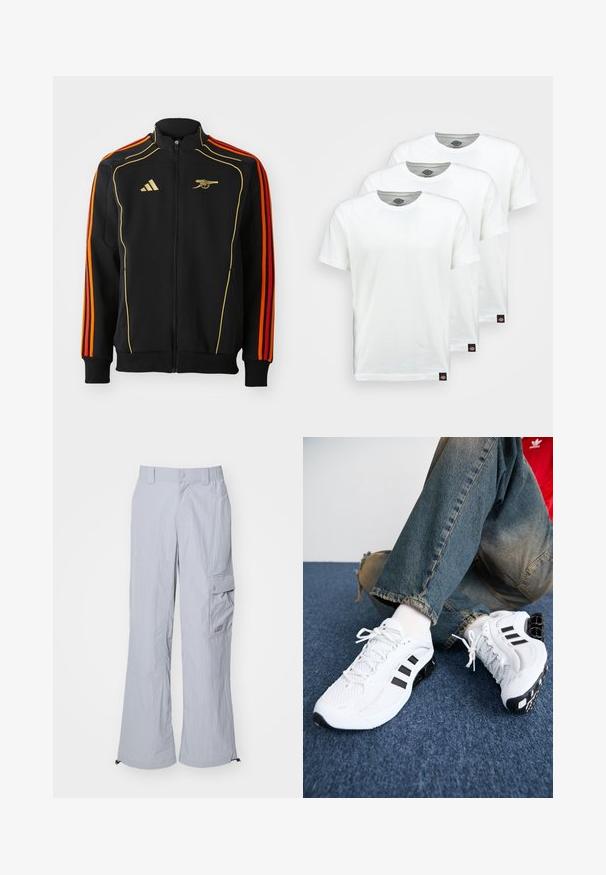 Čierna bunda na zips s zlatými a oranžovými akcentmi. Obsahuje tri oranžové pruhy na rukávoch a logo na hrudi. Vyrobená z mäkkej tkaniny.; Tri obyčajné biele bavlnené tričká s krátkym rukávom. Každé tričko má okrúhly výstrih a malú čiernu nálepku s logom na ľavej strane.; Svetlošedé cargo nohavice vyrobené z ľahkej látky, s voľným strihom, bočnými vreckami a nastaviteľnými zakončeniami pre všestrannosť.; Biele sieťované športové topánky s čiernymi akcentmi, ktoré majú textúrovaný dizajn a charakteristickú podrážku, v kombinácii s modrými džínsami.