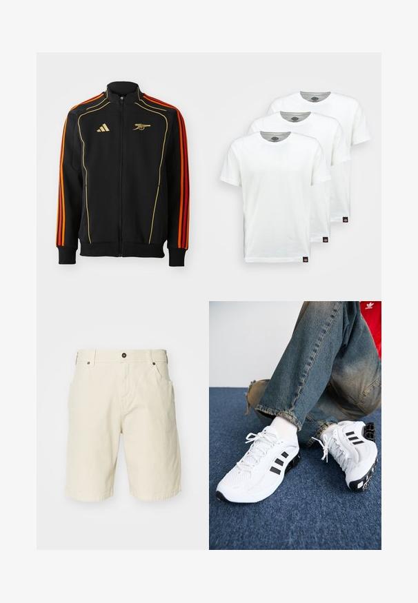 Mustapaitapusa, jossa on kultaisia ja oransseja yksityiskohtia. Ominaisuuksia ovat kolme oranssia raitaa hihoissa ja logo rinnassa. Valmistettu pehmeästä kankaasta.; Kolme valkoista puuvillapaitaa, joissa on lyhyet hihat. Jokaisessa paidassa on pyöreä pääntie ja pieni musta logo-tagga vasemmalla puolella.; Beige shorts cottonit suora leikkaus, jossa on vetoketjun halkio, etutaskut ja ommeltu helma. Sujuva tekstuuri ja minimalistinen muotoilu.; Valkoiset verkkomateriaalista valmistetut urheilukengät mustilla yksityiskohdilla, joissa on teksturoitu muotoilu ja erottuva pohja, paritettu sinisten farkkujen kanssa.