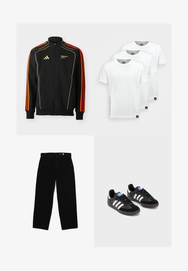 Zwarte ritsjack met gouden en oranje accenten. Bevat drie oranje strepen op de mouwen en een logo op de borst. Gemaakt van zachte stof.; Drie eenvoudige witte katoenen T-shirts met korte mouwen. Elk shirt heeft een ronde halslijn en een klein zwart logo-label aan de linkerkant.; Zwarte denim rechte jeans met een knoopsluiting, vijf zakken en een gladde textuur. Etiket zichtbaar aan de binnenkant van de tailleband met maat 32.; Zwarte sneakers met een bovenwerk van suède en synthetisch materiaal, voorzien van drie witte strepen, een gestructureerde rubberen zool en een blauw logo-label op de tong.