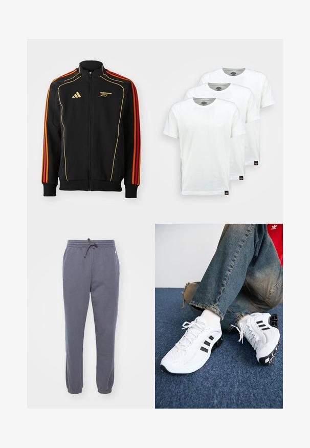 Mustapaitapusa, jossa on kultaisia ja oransseja yksityiskohtia. Ominaisuuksia ovat kolme oranssia raitaa hihoissa ja logo rinnassa. Valmistettu pehmeästä kankaasta.; Kolme valkoista puuvillapaitaa, joissa on lyhyet hihat. Jokaisessa paidassa on pyöreä pääntie ja pieni musta logo-tagga vasemmalla puolella.; Harmaat fleece-housut, joissa on joustava vyötärö ja nyöritys. Kierretyt helmaukset ja sivutaskut. Pehmeä rakenne, joka soveltuu vapaa-ajan käyttöön.; Valkoiset verkkomateriaalista valmistetut urheilukengät mustilla yksityiskohdilla, joissa on teksturoitu muotoilu ja erottuva pohja, paritettu sinisten farkkujen kanssa.