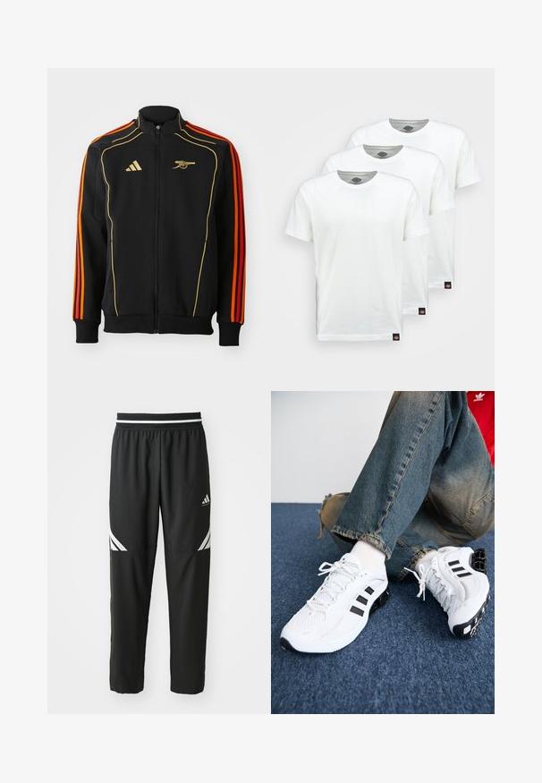 Crna zip jakna s zlatnim i narančastim detaljima. Ima tri narančaste pruge na rukavima i logo na prsima. Izrađena je od mekog materijala.; Tri obične bijele pamučne majice kratkih rukava. Svaka majica ima okrugli izrez i malu crnu oznaku s logom sa lijeve strane.; Crne Adidas košarkaške hlače s bijelim prugama na bedrima i elastičnom širokom trakom u crno-bijelom uzorku.; Bijele mrežaste atletske cipele s crnim akcentima, s teksturiranim dizajnom i prepoznatljivom petom, u kombinaciji s plavim trapericama.