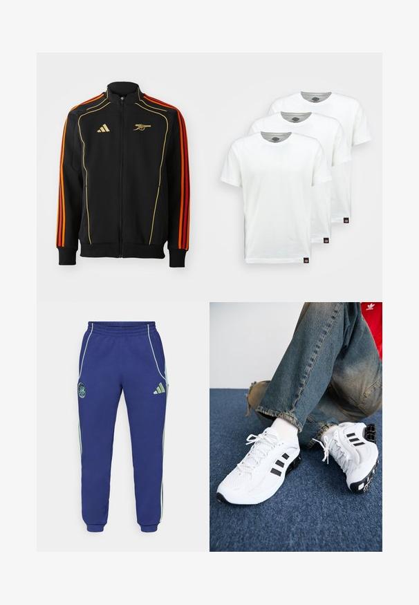 Černá zipová bunda se zlatými a oranžovými akcenty. Má tři oranžové pruhy na rukávech a logo na hrudi. Vyrobena z měkké tkaniny.; Tři jednoduché bílé bavlněné trička s krátkým rukávem. Každé tričko má kulatý výstřih a malou černou štítkovou nášivku na levé straně.; Námořnické modré tepláky se zelenými akcenty. Obsahují elastický pas, boční kapsy a vyšívané logo na levé noze. Měkká tkanina.; Bílé síťované sportovní boty s černými detaily, s texturovaným designem a výraznou podrážkou, spárované s modrými džínami.