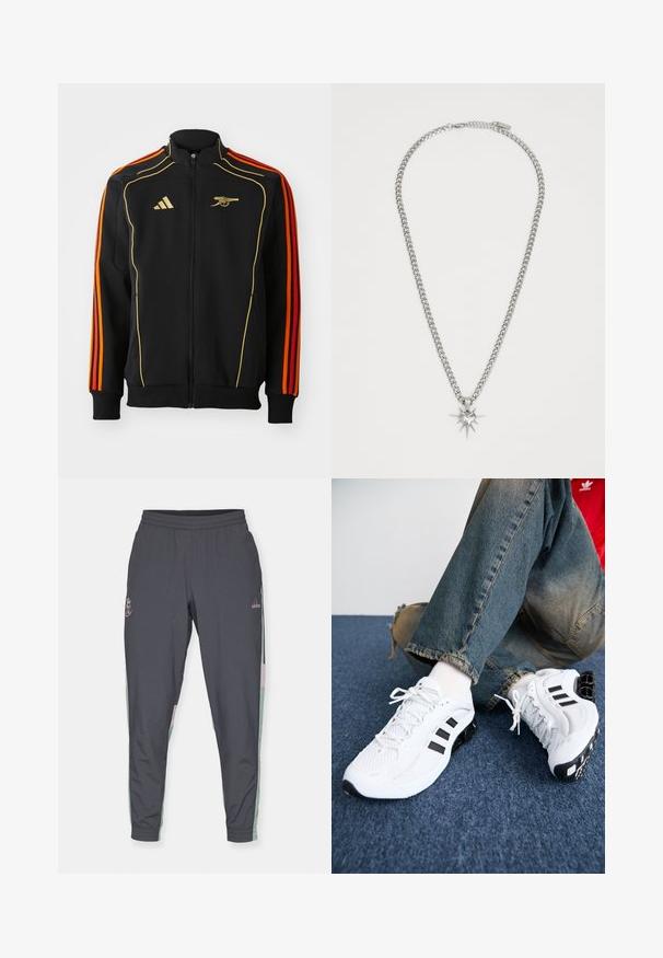 Giacca nera con zip e dettagli dorati e arancioni. Presenta tre strisce arancioni sulle maniche e un logo sul petto. Realizzata in tessuto morbido.; Tre magliette di cotone bianche semplici con maniche corte. Ogni maglietta presenta un collo rotondo e un piccolo etichetta logo nera sul lato sinistro.; adidas Performance REAL MADRID TRACK PANT - Pantaloni sportivi - carbon; Scarpe da ginnastica bianche in rete con accenti neri, caratterizzate da un design testurizzato e una suola distintiva, abbinate a jeans in denim blu.; FAINZ SPIKE HEART CHAIN UNISEX - Collana - silver-coloured