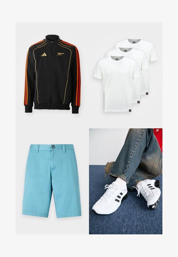 Chaqueta negra con cremallera y acentos en dorado y naranja. Presenta tres franjas naranjas en las mangas y un logo en el pecho. Fabricada con un tejido suave.; Tres camisetas de algodón blanco liso con mangas cortas. Cada camiseta tiene un escote redondo y una pequeña etiqueta de logo negra en el lado izquierdo.; Bermudas azul claro hechas de una tela suave. Presentan un cierre de botón y lazos para cinturón, con un corte recto que llega hasta la rodilla.; Zapatillas deportivas de malla blanca con acentos en negro, que presentan un diseño texturizado y una suela distintiva, combinadas con jeans de mezclilla azul.