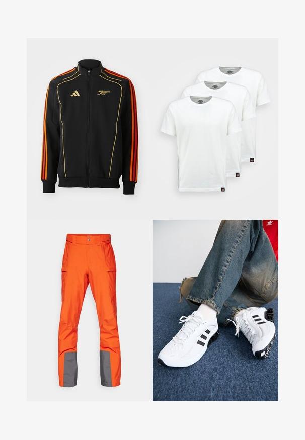 Schwarze Zip-up-Jacke mit goldenen und orangenen Akzenten. Verfügt über drei orangefarbene Streifen an den Ärmeln und ein Logo auf der Brust. Hergestellt aus weichem Stoff.; Drei schlichte weiße Baumwoll-T-Shirts mit kurzen Ärmeln. Jedes Shirt hat einen runden Ausschnitt und ein kleines schwarzes Logotipo auf der linken Seite.; Helle orange wasserdichte Hosen mit grauen Akzenten an den Bündchen, ausgestattet mit einem flachen Bund und mehreren Seitentaschen. Glatte Textur.; Weiße Mesh-Sportschuhe mit schwarzen Akzenten, die ein strukturiertes Design und eine markante Sohle aufweisen, kombiniert mit blauen Jeans.