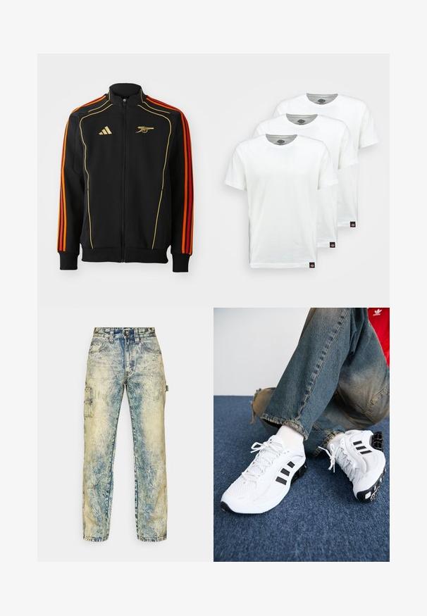 Zwarte ritsjack met gouden en oranje accenten. Bevat drie oranje strepen op de mouwen en een logo op de borst. Gemaakt van zachte stof.; Drie eenvoudige witte katoenen T-shirts met korte mouwen. Elk shirt heeft een ronde halslijn en een klein zwart logo-label aan de linkerkant.; Losse cargobroek van vervaagd blauw denim, met meerdere zakken, zichtbare stiksels en een versleten textuur met lichte vouwen.; Witte mesh sport schoenen met zwarte accenten, voorzien van een textuurontwerp en een onderscheidende zool, gecombineerd met blauwe spijkerbroeken.