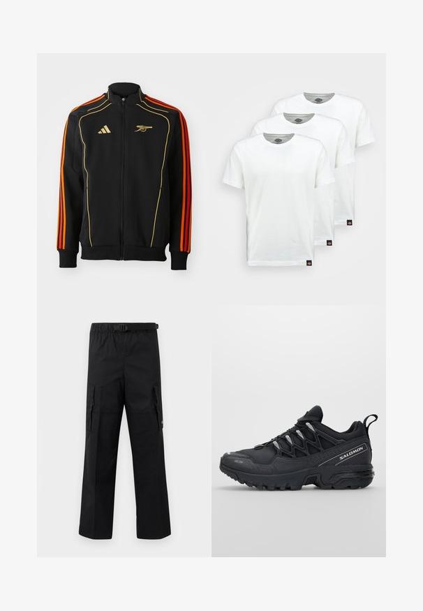 Černá zipová bunda se zlatými a oranžovými akcenty. Má tři oranžové pruhy na rukávech a logo na hrudi. Vyrobena z měkké tkaniny.; Tři jednoduché bílé bavlněné trička s krátkým rukávem. Každé tričko má kulatý výstřih a malou černou štítkovou nášivku na levé straně.; Černé cargo kalhoty s širokými nohavicemi, nastavitelným pasem s přezkou a dvěma bočními kapsami pro úložný prostor. Lehce materiál.; Černé sportovní boty s síťovaným svrškem, gumovou podrážkou a reflexními detaily. Mají polstrovanou podrážku a design se šněrováním.