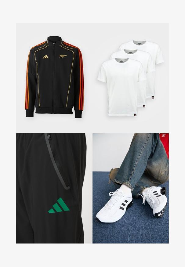 Fekete zipzáras dzseki arany és narancssárga részletekkel. Három narancssárga csíkkal rendelkezik a karokon és egy logóval a mellkasán. Puha anyagból készült.; Három sima fehér pamut póló rövid ujjakkal. Mindegyik pólón kerek nyakkivágás található, és a bal oldalon egy kis fekete logó címke van.; Fekete sportnadrág sima anyagból, zöld Adidas logóval és kontrasztos szegéllyel ellátott cipzáras zsebbel.; Fehér hálós sportcipők fekete részletekkel, textúrált dizájnnal és jellegzetes talppal, kék farmernadrággal párosítva.