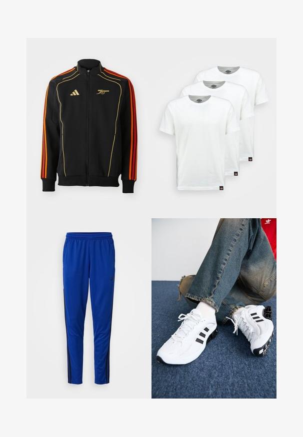 Black zip-up jacket with gold and orange accents. Features three orange stripes on sleeves and a logo on the chest. Made from soft fabric.; Three plain white cotton t-shirts with short sleeves. Each shirt features a round neckline and a small black logo tag on the left side.; adidas Performance TRAIN ESSENTIALS 3-STRIPES - Tracksuit bottoms - semi lucid blue; White mesh athletic shoes with black accents, featuring a textured design and distinctive sole, paired with blue denim jeans.