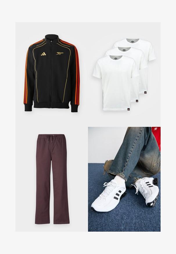 Chaqueta negra con cremallera y acentos en dorado y naranja. Presenta tres franjas naranjas en las mangas y un logo en el pecho. Fabricada con un tejido suave.; Tres camisetas de algodón blanco liso con mangas cortas. Cada camiseta tiene un escote redondo y una pequeña etiqueta de logo negra en el lado izquierdo.; Pantalones de algodón morados con una cinturilla elástica y un cordón ajustable. Tienen un diseño de pierna recta y una textura suave.; Zapatillas deportivas de malla blanca con acentos en negro, que presentan un diseño texturizado y una suela distintiva, combinadas con jeans de mezclilla azul.