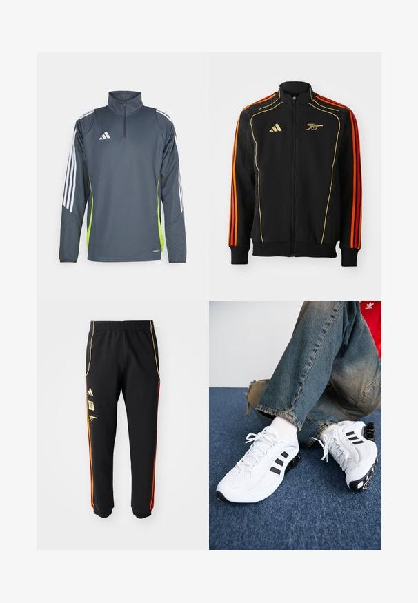 Chaqueta negra con cremallera y acentos en dorado y naranja. Presenta tres franjas naranjas en las mangas y un logo en el pecho. Fabricada con un tejido suave.; Sudadera deportiva de color gris oscuro con media cremallera, rayas blancas en los hombros y un panel lateral de color verde brillante. Confeccionada en una tela suave y transpirable.; Pantalones deportivos negros con cintura elástica, rayas laterales doradas y rojas, y logotipos amarillos en el muslo izquierdo.; Zapatillas deportivas de malla blanca con acentos en negro, que presentan un diseño texturizado y una suela distintiva, combinadas con jeans de mezclilla azul.