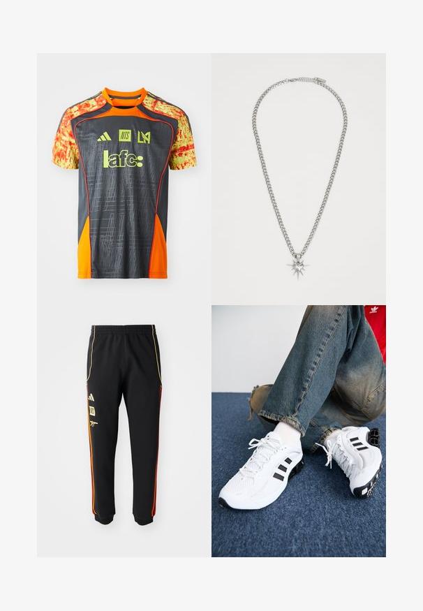 Veste zippée noire avec des accents dorés et oranges. Présente trois rayures oranges sur les manches et un logo sur la poitrine. Fabriquée en tissu doux.; T-shirt de sport gris avec des accents orange vif et des manches jaunes à motifs. Comprend des logos et du texte en vert vif. Tissu léger.; Pantalons de sport noirs avec taille élastique, bandes latérales dorées et rouges, et logos jaunes sur la cuisse gauche.; Baskets de sport blanches en maille avec des accents noirs, présentant un design texturé et une semelle distinctive, assorties à un jean en denim bleu.; FAINZ SPIKE HEART CHAIN UNISEX - Collier - silver-coloured