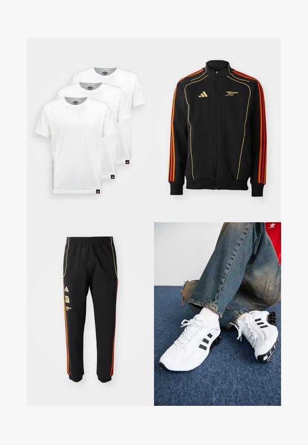 Zwarte ritsjack met gouden en oranje accenten. Bevat drie oranje strepen op de mouwen en een logo op de borst. Gemaakt van zachte stof.; Drie eenvoudige witte katoenen T-shirts met korte mouwen. Elk shirt heeft een ronde halslijn en een klein zwart logo-label aan de linkerkant.; Zwarte sportbroek met elastische taille, gouden en rode zijstrepen, en gele logo's op de linker bovenbeen.; Witte mesh sport schoenen met zwarte accenten, voorzien van een textuurontwerp en een onderscheidende zool, gecombineerd met blauwe spijkerbroeken.