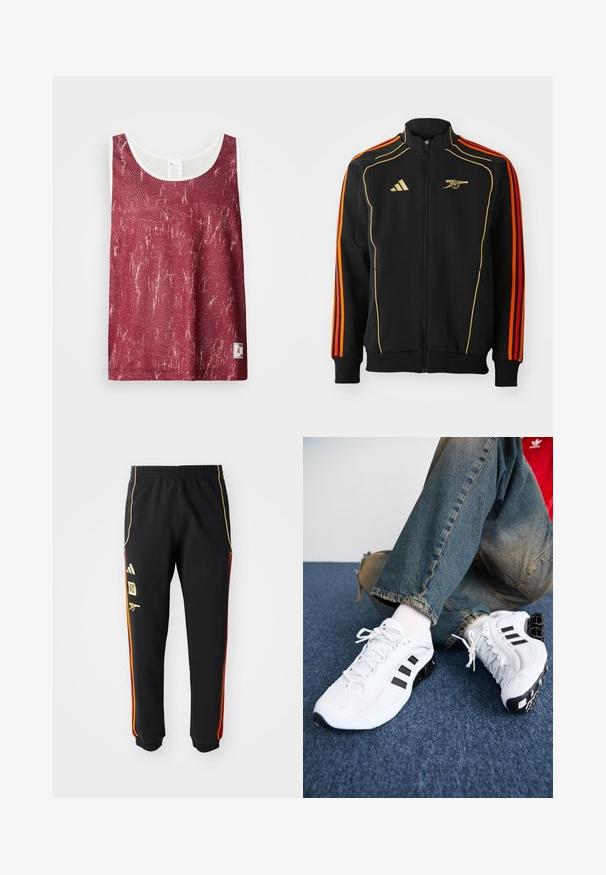 Zwarte ritsjack met gouden en oranje accenten. Bevat drie oranje strepen op de mouwen en een logo op de borst. Gemaakt van zachte stof.; Rode mesh tanktop met een licht vervaagd, versleten patroon. Kenmerkt zich door een witte bies langs de halslijn en armsgaten, en heeft een klein logootje aan de onderkant.; Zwarte sportbroek met elastische taille, gouden en rode zijstrepen, en gele logo's op de linker bovenbeen.; Witte mesh sport schoenen met zwarte accenten, voorzien van een textuurontwerp en een onderscheidende zool, gecombineerd met blauwe spijkerbroeken.