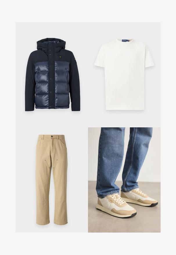 Navy puffer jacket with a hood. Features a quilted finish, button closure, and a side zip pocket. Made of shiny and matte fabric.; Plain white short-sleeve crew neck T-shirt with subtle embroidered logo on left chest and branded collar label.; Khaki cargo pants made of cotton with a relaxed fit, featuring two side zip pockets and visible stitching details.; Beige and cream sneakers with suede and mesh materials, featuring a textured sole and tonal accents, paired with blue denim jeans.