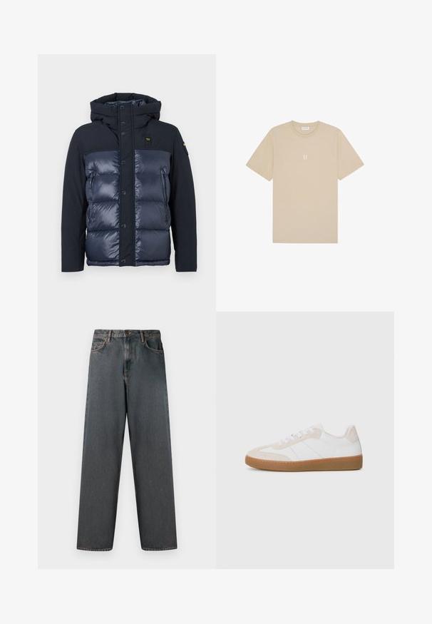 Tumesinine puffja jope kapuutsiga. Omab tikitud viimistlust, nööbikinnitust ja külje lukuga taskut. Valmistatud läikivast ja mattmaterjalist.; Beige puuvillane t-särk lühikeste varrukatega ja ümmarguse kaelusega. Omab väikest, tsentraalset graafikat "II" heledamas tooni.; Tumedat hallid teksad sirge säärte kujundusega, viie taskuga ning nupuga ja tõmblukuga. Kanga pinnal on kerge pleekimine ja õmblused.; Valge ja beež sneaker, millel on napale ja nahast elemendid. Varustatud kummist tallaga, nööpidega sulgemisega ning minimalistlikke külgribadega.