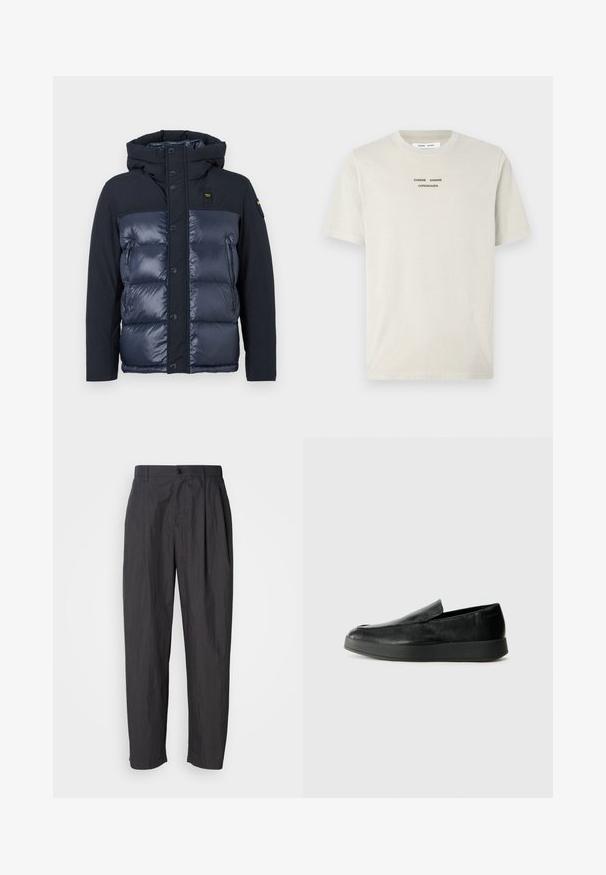 Námornícka puffová bunda s kapucňou. Má prešívaný povrch, zapínanie na gombíky a bočnú zipsovú vrecko. Vyrobená z lesklej a matnej tkaniny.; Svetlo béžové bavlnené tričko s krátkymi rukávmi a okrúhlym výstrihom, s čiernym potlačeným textom "SAMSE SAMSØ COPENHAGEN" umiestneným na hrudi.; Tmavosivé rovné nohavice s pútkami na opasok, predným gombíkovým zapínaním a bočnými vreckami na svetlom pozadí.; Calvin Klein HYBRID CUP - Našuchovačky - triple black