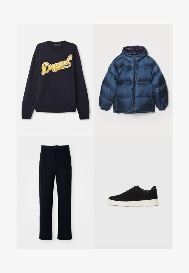 Filippa K PUFFER JACKET - Bunda z prachového peří - dawn blue/navy; Námořnický svetr vyrobený z měkké tkaniny, s velkým žlutým vyšitým logem "Dsquared²" na přední straně, žebrovaným límcem, manžetami a lemem.; Námorně modré kalhoty vyrobené ze 100 % bavlny, s rovnými nohavicemi, předním zapínáním na knoflík a klasickým pasem s poutky na pásek.; Černé semišové tenisky s krajkovým designem a kontrastní bílou gumovou podrážkou. Obsahují texturované boční panely a jemné branding na patě.