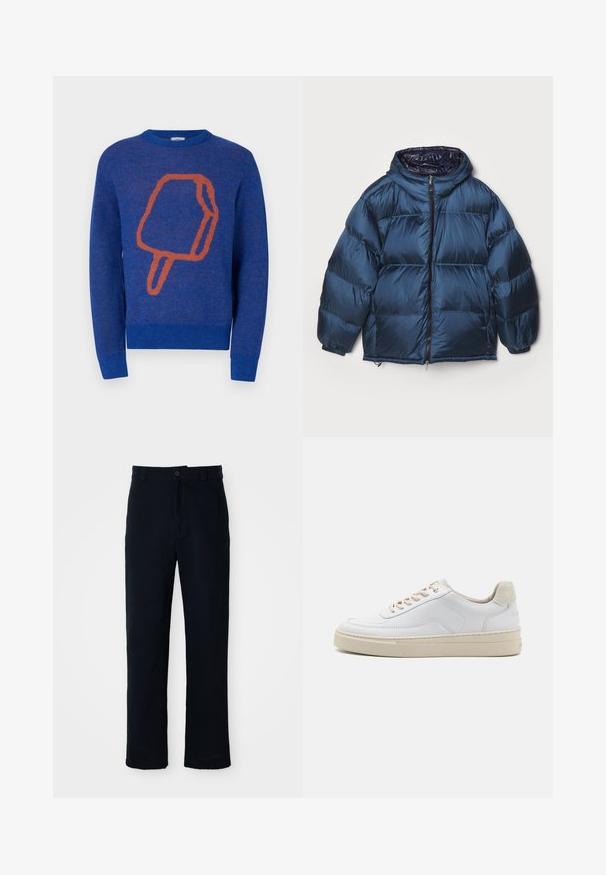 Filippa K PUFFER JACKET - Dūnu jaka - dawn blue/navy; Zila adīta džempera priekšā ir liels oranžs saldējuma uzlīme. Apkakles forma - apaļa, un piedurknes un apakša ir ribotas.; Kokvilnas tumši zilas bikses ar taisnu kāju dizainu, priekšējo pogu aizdari un klasisku jostasvietu ar jostas cilpiņām.; Baltie sporta apavi ar gludu ādas augšdaļu, bežām auklām un teksturētu bežā zamša papēdi. Paaugstināta zole papildu augstumam.