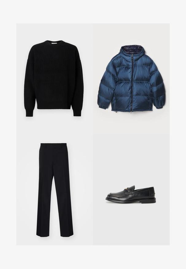 Filippa K PUFFER JACKET - Pūkinė striukė - dawn blue/navy; Juodas megztinis su nugara tekstūra, apvalia iškirpte ir nuleistomis petnešomis, turintis ilgus rankovės ir laisvą siluetą.; Juodos prisiūtos kelnes su plačiomis kojomis, turinčios sklandų paviršių ir aštrius raukšles, pagamintas iš audinio.; Juodi odiniai loaferiai turi apvalų nykštį, siuvinėtus detalės ir mažą aukso akcentą priekyje. Padas yra plokščias ir diskretiškas.