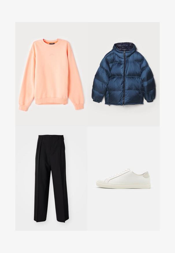 Filippa K PUFFER JACKET - Tollkabát - dawn blue/navy; Őszibarack színű pulóver, bordás mandzsettával és aljjal, kerek nyakkivágással és diszkrét logóval a mellkason. Puha pamut keverék anyag.; Fekete, pliszírozott nadrág, egyenes, széles lábakkal. Sima anyagból készült, gombos záródással és övhurkokkal rendelkezik.; Fehér bőr sneaker sima felülettel, kerek orral és minimalista dizájnnal. Bézs kiemelésekkel a sarokon és gumitalppal rendelkezik.