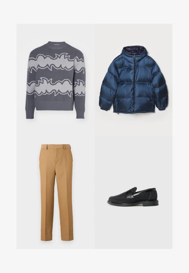 Filippa K PUFFER JACKET - Down jacket - dawn blue/navy; Gray knitted sweater featuring a wavy light gray pattern across the chest. Ribbed crew neck and cuffs, soft texture, regular fit.; Beige dress pants made of woven fabric, featuring a straight cut, flat front, and belt loops. Smooth texture with no visible patterns.; Black woven slip-on shoe with a smooth leather accent on the upper, a round toe design, and a low-profile rubber sole.
