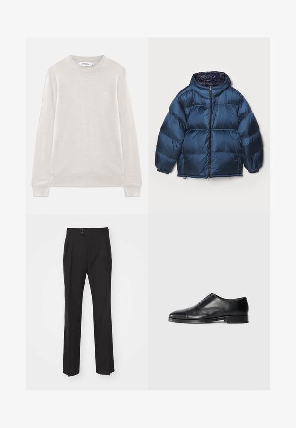Filippa K PUFFER JACKET - Daunenjacke - dawn blue/navy; Hellbeiger Langarm-Pullover mit Rundhalsausschnitt, gerippten Bündchen und Saum, dezentem Logo auf der linken Brust und J.Lindeberg-Label im Kragen.; Schwarze maßgeschneiderte Hose mit geradem Bein, zwei Fronttaschen und einer doppelten Knopfverschluss an der Taille. Glatte Stoffoberfläche.; Schwarze Lederanzugschuhe mit gerundetem Zeh, glatter Oberfläche, Schnürdesign und dezentem Nahtdetail, ausgestattet mit einem niedrigen, flachen Absatz.