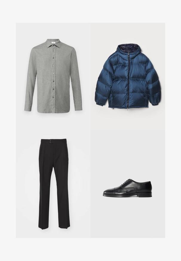 Filippa K PUFFER JACKET - Down jacket - dawn blue/navy; Light gray button-up shirt made from a textured fabric, featuring a classic collar, long sleeves, and gray buttons along the front.; Black tailored trousers featuring a straight leg design, two front pockets, and a double-button closure at the waistband. Smooth fabric texture.; Black leather dress shoe with a rounded toe, smooth texture, lace-up design, and a subtle seam detail, featuring a low, flat heel.