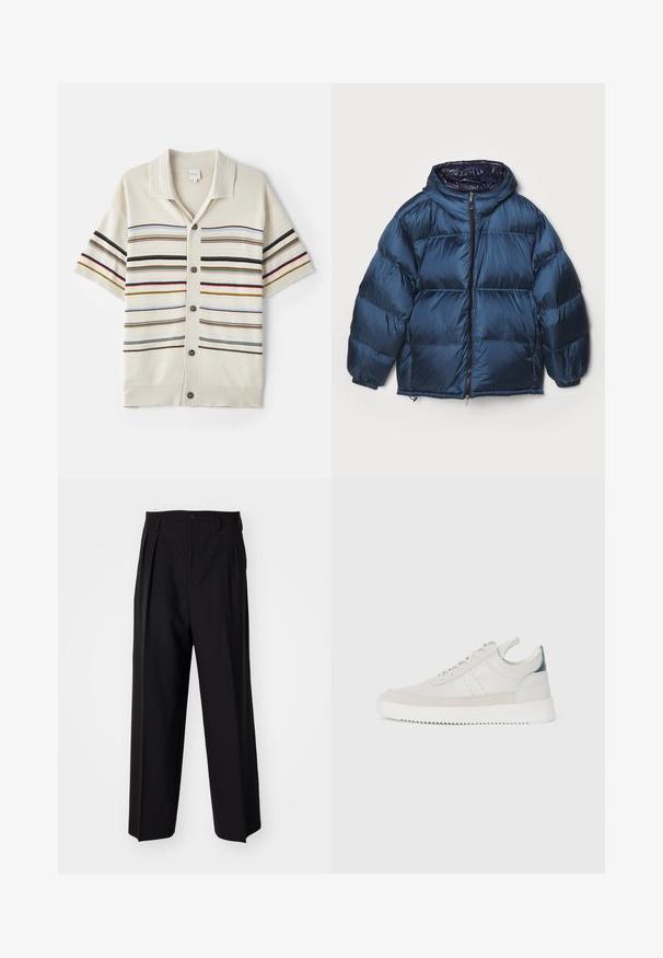 Filippa K PUFFER JACKET - Daunenjacke - dawn blue/navy; Kurzärmlige, cremefarbene Strickjacke mit Knopfverschluss, die horizontale Streifen in verschiedenen Farben sowie einen gerippten Kragen und Bündchen aufweist.; Schwarze, plissierte Hose mit geradem, weitem Bein. Hergestellt aus glattem Stoff, mit Knopfverschluss und Gürtelschlaufen.; Weiße Leder-Sneaker mit grauen Wildleder-Akzenten, Schnürdesign, Zuglasche und strukturiertem Gummisohle mit Zickzackmuster.