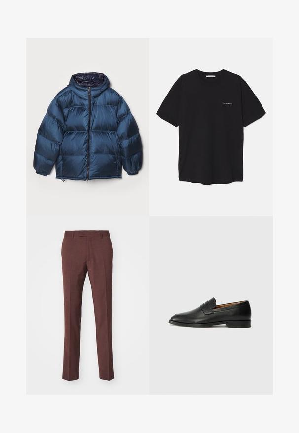 Filippa K PUFFER JACKET - Puhovka - dawn blue/navy; Črna bombažna majica s kratkimi rokavi in okroglim ovratnikom, z belim logotipom natisnjenim na levi prsni strani. Preprost, enobarven dizajn.; Temno burgundske hlače iz teksturiranega blaga. Prilagojena kroja z ravnim krojem in ravnim sprednjim delom. Brez vidnih okrasnih elementov.; Črne usnjene loferice z zaobljenim prstom, subtilnim šivanjem in nizkim petam, ki se odlikujejo po gladki teksturi in minimalističnem oblikovanju.