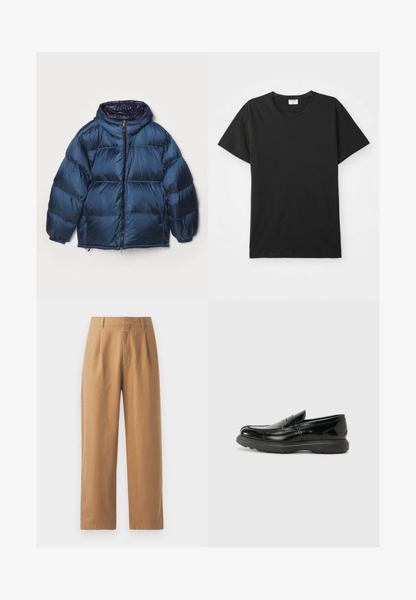Filippa K PUFFER JACKET - Tollkabát - dawn blue/navy; Fekete, rövid ujjú póló kerek nyakkivágással, sima pamut anyagból készült. Egyszerű design, minta vagy díszítések nélkül.; Barna, bő szárú nadrág sima anyagból. Jellemzője a magas derék, redők, övrögzítők és egy elülső zseb.; Fekete bőr loafer, fényes felülettel, kerek orral, diszkrét varrási részletekkel és vastag gumitalppal a tartósság érdekében.