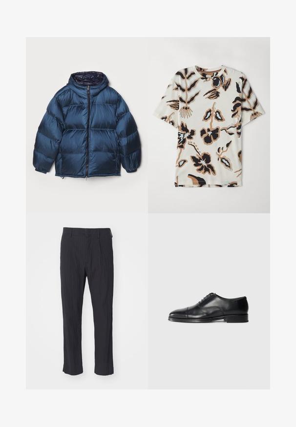 Filippa K PUFFER JACKET - Dunjakker - dawn blue/navy; Kortærmet T-shirt lavet af blødt stof, med en cremefarvet baggrund og abstrakte blomster mønstre i sort, brun og lyseblå.; Sorte plisserede bukser med et tekstureret stof, der har et lige ben-design og en standard talje. Ingen synlige lommer eller beslag.; Sort læderherresko med rund tå, glat overflade, snørebåndsdesign og en diskret stikning, der har en lav, flad hæl.