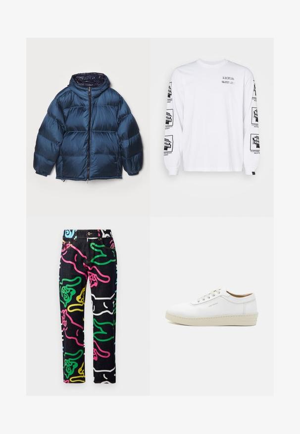 Filippa K PUFFER JACKET - Sulejope - dawn blue/navy; Valge pika varrukaga t-särk, mis on valmistatud puuvillast ja millel on mustad trükitud graafikad nii varrukatel kui ees, ribadega kruvitud detailidega.; Denim teksad musta põhiga, millel on värvikad abstraktsed mustrid roosa, rohelise, sinise, kollase ja valgega. Standardne viie taskuga disain.; Valge nahkne tenniseking, millel on tekstureeritud pind, ümar varbaosa, beež kummitald ning kuus halli paeldokki, millel on külgedel õrn brändimingutus.