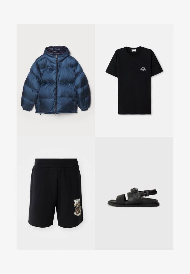 Filippa K PUFFER JACKET - Doudoune - dawn blue/navy; T-shirt en coton noir avec un col rond. Présente un petit design graphique blanc sur la poitrine. Manches courtes et ourlet droit.; Shorts noirs en coton avec taille élastique, présentant un motif d'ours et le texte "Moschino" sur la jambe gauche. Texture lisse, design à mi-cuisse.; Sandale en cuir noir avec deux larges sangles et une sangle de cheville ajustable avec une boucle. Semelle plate avec un bord texturé.